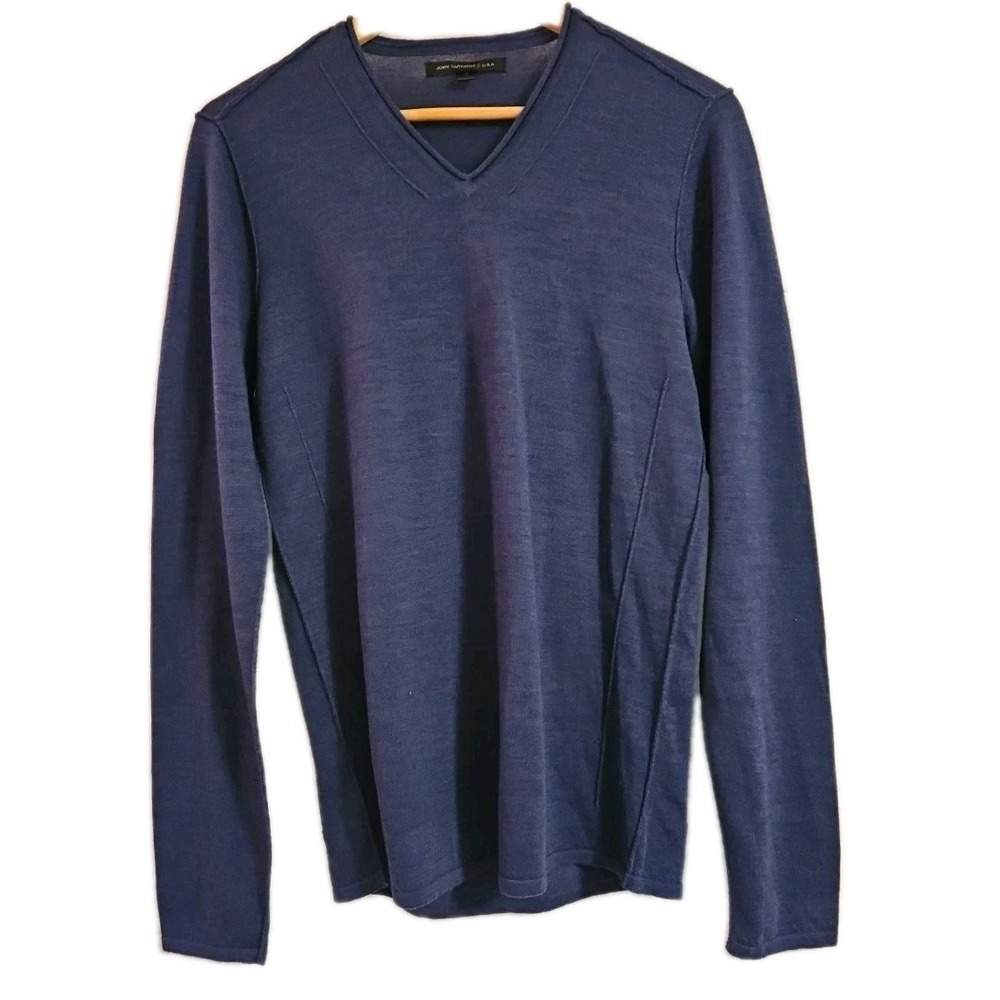 John Varvatos USA Men's V Neck Long Sleeve Sweater Blue Small Merino Wool Blend